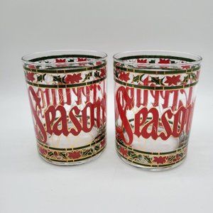 Vintage Seasons Greetings Stained Glass Pattern Christmas Glasses Set Of Two MCM